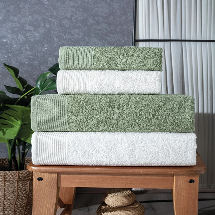 Gala Set of 4 Turkish Bath Towels | Cream-Green Towel Set